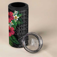 Hawaiian Tropical Plants 4 in 1 Can Cooler Tumbler Kakau Tattoo and Polynesian Pattern Half Black Color