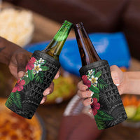 Hawaiian Tropical Plants 4 in 1 Can Cooler Tumbler Kakau Tattoo and Polynesian Pattern Half Black Color