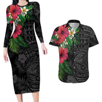 Hawaiian Tropical Plants Couples Matching Long Sleeve Bodycon Dress and Hawaiian Shirt Kakau Tattoo and Polynesian Pattern Half Black Color LT03 Black - Polynesian Pride