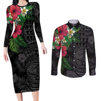 Hawaiian Tropical Plants Couples Matching Long Sleeve Bodycon Dress and Long Sleeve Button Shirt Kakau Tattoo and Polynesian Pattern Half Black Color