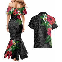 Hawaiian Tropical Plants Couples Matching Mermaid Dress and Hawaiian Shirt Kakau Tattoo and Polynesian Pattern Half Black Color