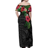 Hawaiian Tropical Plants Family Matching Off Shoulder Maxi Dress and Hawaiian Shirt Kakau Tattoo and Polynesian Pattern Half Black Color LT03 - Polynesian Pride