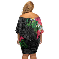 Hawaiian Tropical Plants Family Matching Off Shoulder Short Dress and Hawaiian Shirt Kakau Tattoo and Polynesian Pattern Half Black Color LT03 - Polynesian Pride