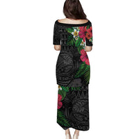Hawaiian Tropical Plants Family Matching Puletasi and Hawaiian Shirt Kakau Tattoo and Polynesian Pattern Half Black Color LT03 - Polynesian Pride