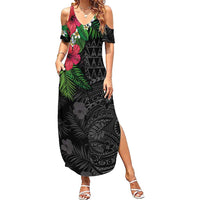 Hawaiian Tropical Plants Family Matching Summer Maxi Dress and Hawaiian Shirt Kakau Tattoo and Polynesian Pattern Half Black Color LT03 Mom's Dress Black - Polynesian Pride
