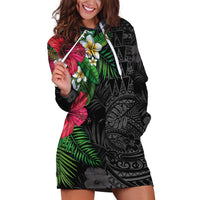 Hawaiian Tropical Plants Hoodie Dress Kakau Tattoo and Polynesian Pattern Half Black Color