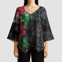 Hawaiian Tropical Plants Kimono Sleeve Blouse Kakau Tattoo and Polynesian Pattern Half Black Color
