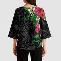 Hawaiian Tropical Plants Kimono Sleeve Blouse Kakau Tattoo and Polynesian Pattern Half Black Color