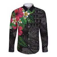 Hawaiian Tropical Plants Long Sleeve Button Shirt Kakau Tattoo and Polynesian Pattern Half Black Color