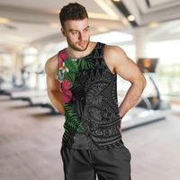 Hawaiian Tropical Plants Men Tank Top Kakau Tattoo and Polynesian Pattern Half Black Color
