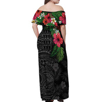 Hawaiian Tropical Plants Off Shoulder Maxi Dress Kakau Tattoo and Polynesian Pattern Half Black Color
