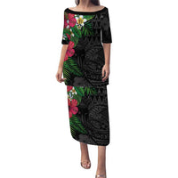 Hawaiian Tropical Plants Puletasi Kakau Tattoo and Polynesian Pattern Half Black Color