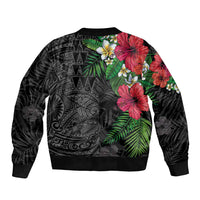 Hawaiian Tropical Plants Sleeve Zip Bomber Jacket Kakau Tattoo and Polynesian Pattern Half Black Color