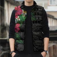 Hawaiian Tropical Plants Sleeveless Puffer Jacket Kakau Tattoo and Polynesian Pattern Half Black Color