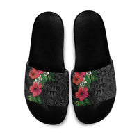 Hawaiian Tropical Plants Slide Sandals Kakau Tattoo and Polynesian Pattern Half Black Color