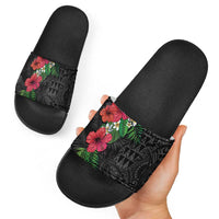 Hawaiian Tropical Plants Slide Sandals Kakau Tattoo and Polynesian Pattern Half Black Color