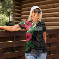 Hawaiian Tropical Plants Women Polo Shirt Kakau Tattoo and Polynesian Pattern Half Black Color