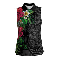 Hawaiian Tropical Plants Women Sleeveless Polo Shirt Kakau Tattoo and Polynesian Pattern Half Black Color
