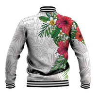 Hawaiian Tropical Plants Baseball Jacket Kakau Tattoo and Polynesian Pattern Half White Color
