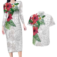 Hawaiian Tropical Plants Couples Matching Long Sleeve Bodycon Dress and Hawaiian Shirt Kakau Tattoo and Polynesian Pattern Half White Color LT03 White - Polynesian Pride
