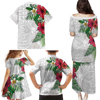 Hawaiian Tropical Plants Family Matching Puletasi and Hawaiian Shirt Kakau Tattoo and Polynesian Pattern Half White Color LT03 - Polynesian Pride