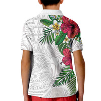 Hawaiian Tropical Plants Kid Polo Shirt Kakau Tattoo and Polynesian Pattern Half White Color