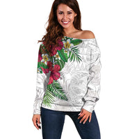 Hawaiian Tropical Plants Off Shoulder Sweater Kakau Tattoo and Polynesian Pattern Half White Color