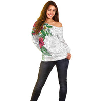 Hawaiian Tropical Plants Off Shoulder Sweater Kakau Tattoo and Polynesian Pattern Half White Color