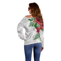 Hawaiian Tropical Plants Off Shoulder Sweater Kakau Tattoo and Polynesian Pattern Half White Color