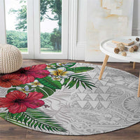 Hawaiian Tropical Plants Round Carpet Kakau Tattoo and Polynesian Pattern Half White Color