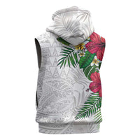 Hawaiian Tropical Plants Sleeveless Hoodie Kakau Tattoo and Polynesian Pattern Half White Color