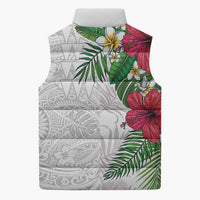 Hawaiian Tropical Plants Sleeveless Puffer Jacket Kakau Tattoo and Polynesian Pattern Half White Color