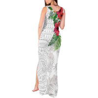 Hawaiian Tropical Plants Tank Maxi Dress Kakau Tattoo and Polynesian Pattern Half White Color