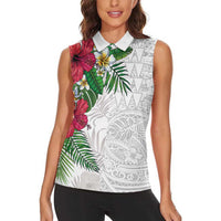 Hawaiian Tropical Plants Women Sleeveless Polo Shirt Kakau Tattoo and Polynesian Pattern Half White Color