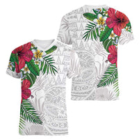 Hawaiian Tropical Plants Women V-Neck T-Shirt Kakau Tattoo and Polynesian Pattern Half White Color