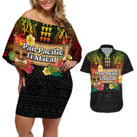 Hawaiian Elements and Polynesian Tattoo Couples Matching Off Shoulder Short Dress and Hawaiian Shirt LT03 Black - Polynesian Pride