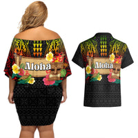 Hawaiian Elements and Polynesian Tattoo Couples Matching Off Shoulder Short Dress and Hawaiian Shirt LT03 - Polynesian Pride