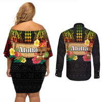 Hawaii Pan-Pacific Festival Couples Matching Off Shoulder Short Dress and Long Sleeve Button Shirt Hawaiian Elements and Polynesian Tattoo
