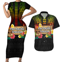 Hawaiian Elements and Polynesian Tattoo Couples Matching Short Sleeve Bodycon Dress and Hawaiian Shirt LT03 Black - Polynesian Pride