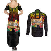 Hawaii Pan-Pacific Festival Couples Matching Summer Maxi Dress and Long Sleeve Button Shirt Hawaiian Elements and Polynesian Tattoo