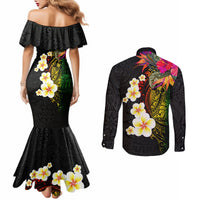 Hawaii Plumeria Couples Matching Mermaid Dress and Long Sleeve Button Shirt Polynesian Tattoo and Hibiscus LT03 - Polynesian Pride