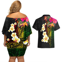 Hawaii Plumeria Couples Matching Off Shoulder Short Dress and Hawaiian Shirt Polynesian Tattoo and Hibiscus LT03 - Polynesian Pride