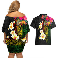 Hawaii Plumeria Couples Matching Off Shoulder Short Dress and Hawaiian Shirt Polynesian Tattoo and Hibiscus