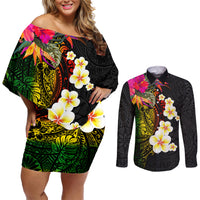 Hawaii Plumeria Couples Matching Off Shoulder Short Dress and Long Sleeve Button Shirt Polynesian Tattoo and Hibiscus