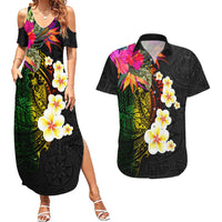Hawaii Plumeria Couples Matching Summer Maxi Dress and Hawaiian Shirt Polynesian Tattoo and Hibiscus LT03 Black - Polynesian Pride