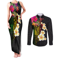 Hawaii Plumeria Couples Matching Tank Maxi Dress and Long Sleeve Button Shirt Polynesian Tattoo and Hibiscus