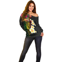 Hawaii Plumeria Off Shoulder Sweater Polynesian Tattoo and Hibiscus