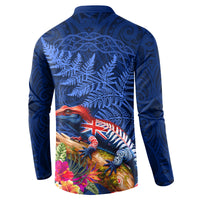 New Zealand Tuatara Button Sweatshirt Silver Fern Hibiscus and Tribal Maori Pattern Blue Color