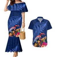 New Zealand Tuatara Couples Matching Mermaid Dress and Hawaiian Shirt Silver Fern Hibiscus and Tribal Maori Pattern Blue Color LT03 Blue - Polynesian Pride
