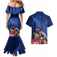 New Zealand Tuatara Couples Matching Mermaid Dress and Hawaiian Shirt Silver Fern Hibiscus and Tribal Maori Pattern Blue Color LT03 - Polynesian Pride